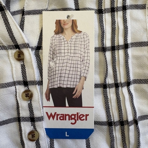Wrangler White/Black Plaid Popover Blouse, 3/4 Sleeves, Large, NWT - Picture 4 of 15